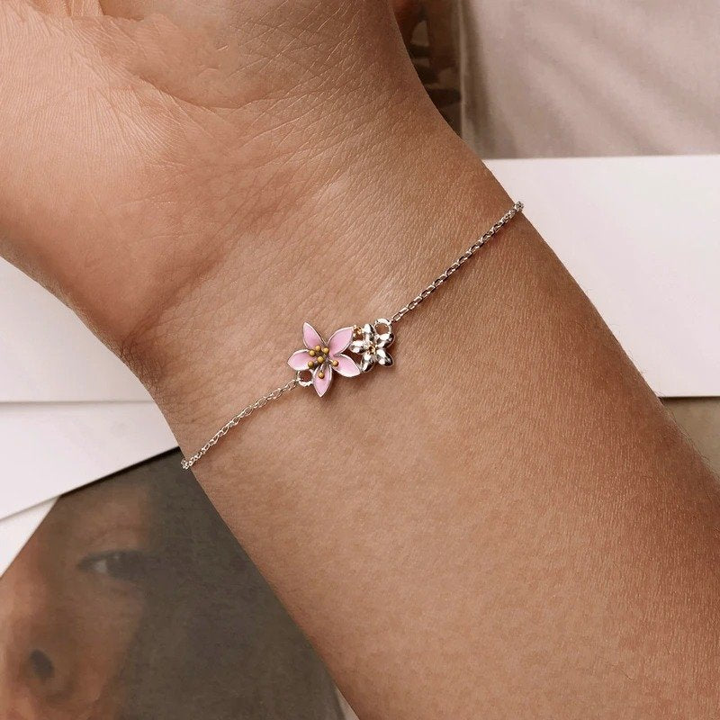 [STREET]Beautiful Cherry Blossom Bracelet Adjustable Silver Snake Chain Link