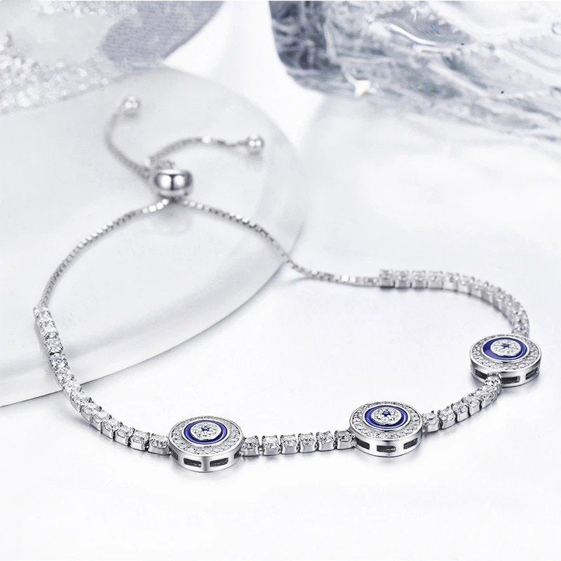 [STREET]Silver Luxury Round Blue Evil Eyes Clear Cubic Zircon Crystal