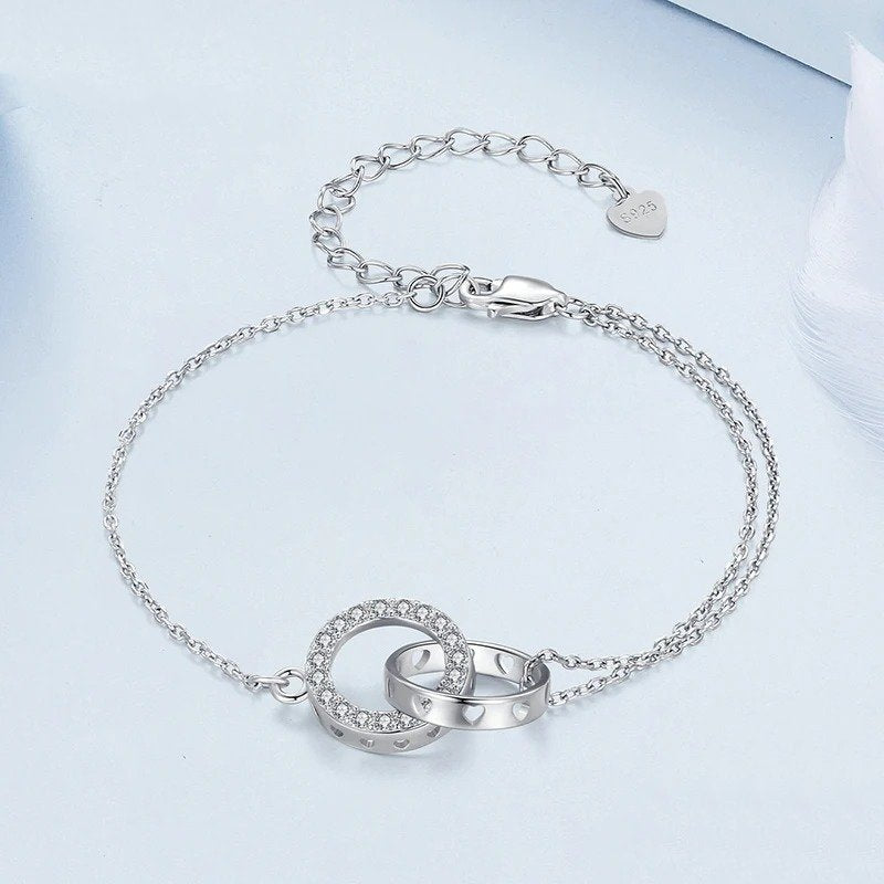 [STREET]Silver Double Circle Bracelet Eternity Adjustable Chain Link Platinum Plated