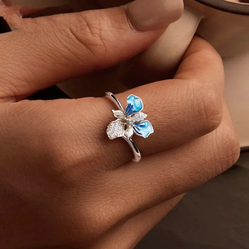 [STREET]Blue Iris Adjustable Ring Exquisite Enamel Flower Opening Ring