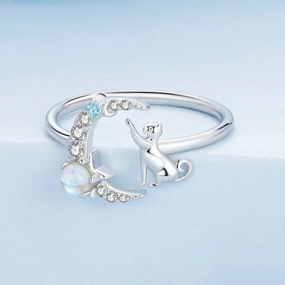 [STREET]Cat and Moon Cute Animal Opening Ring Moonstone Adjustable Ring