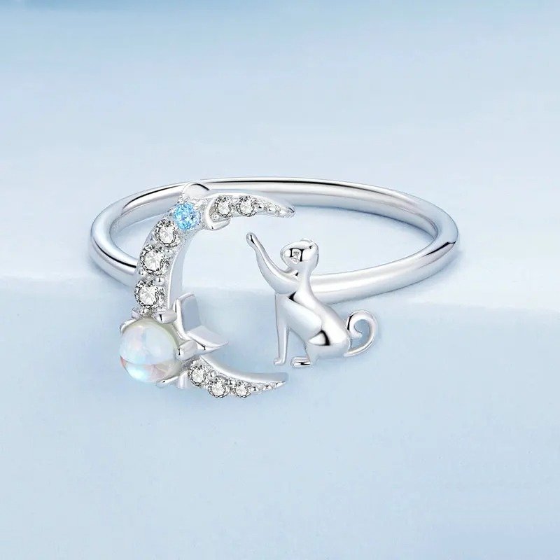 [STREET]Cat and Moon Cute Animal Opening Ring Moonstone Adjustable Ring