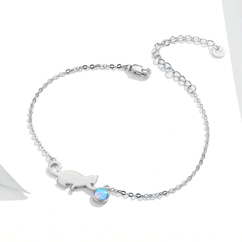 [STREET]Cute Pussy Cat Opal Link Bracelet for Women