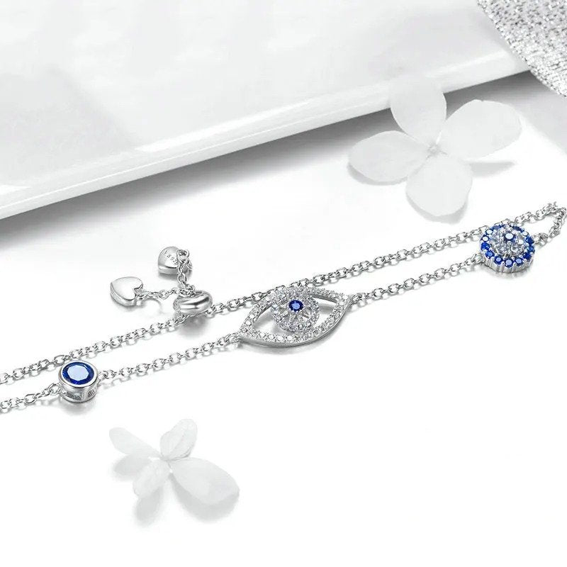 [STREET]Blue Zircon Evil Eyes Bracelet Guardian Eye Chain for Women