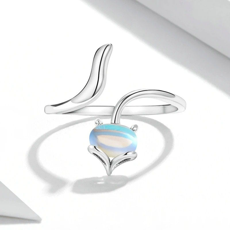 [STREET]Moonstone Adjustable Ring 925 Sterling Silver Fox Shape Design Silver Ring