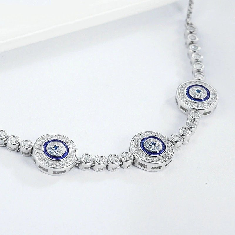 [STREET]Silver Luxury Round Blue Evil Eyes Clear Cubic Zircon Crystal