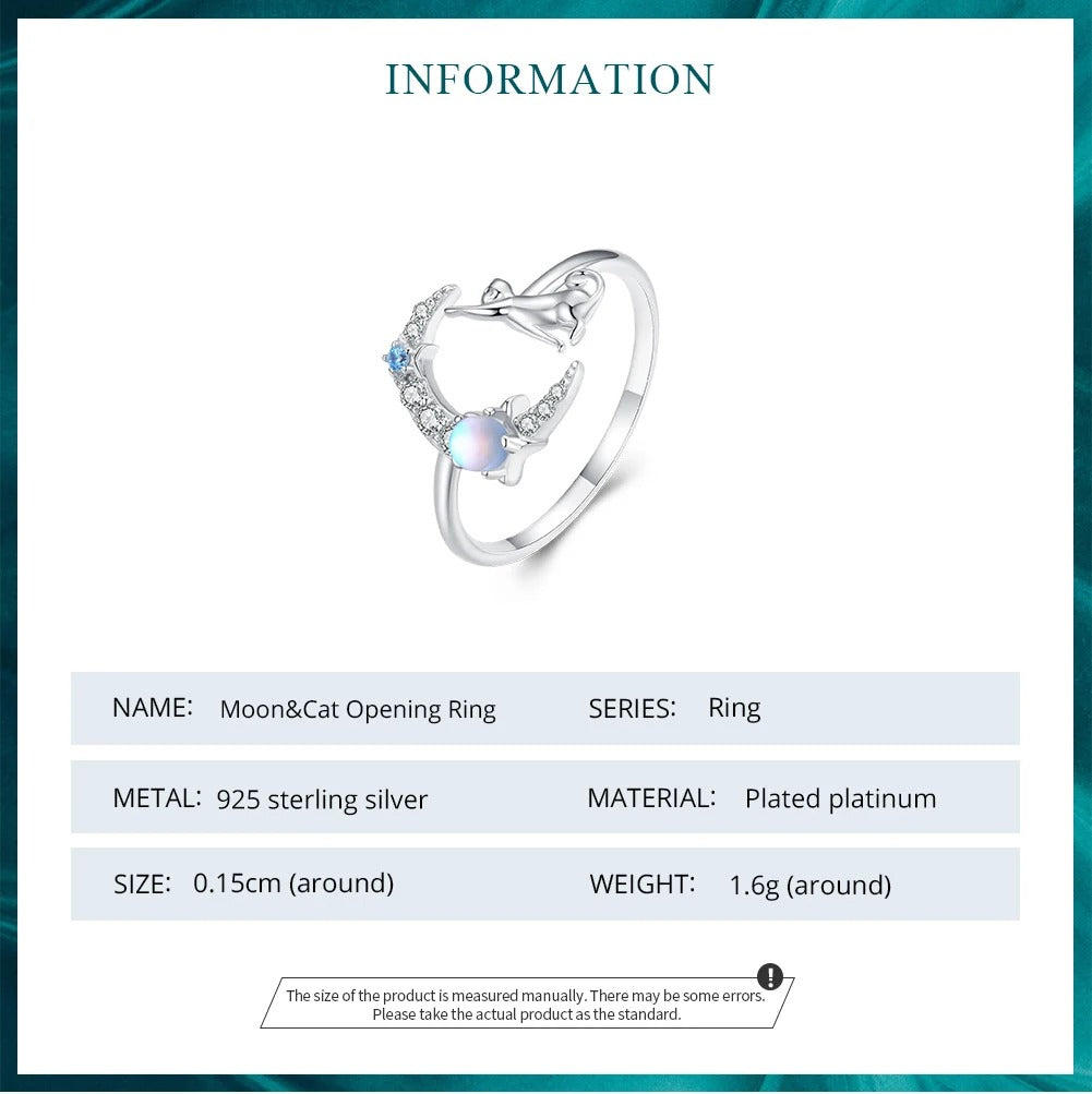[STREET]Cat and Moon Cute Animal Opening Ring Moonstone Adjustable Ring