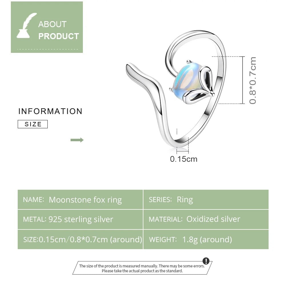 [STREET]Moonstone Adjustable Ring 925 Sterling Silver Fox Shape Design Silver Ring