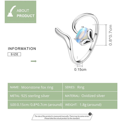 [STREET]Moonstone Adjustable Ring 925 Sterling Silver Fox Shape Design Silver Ring