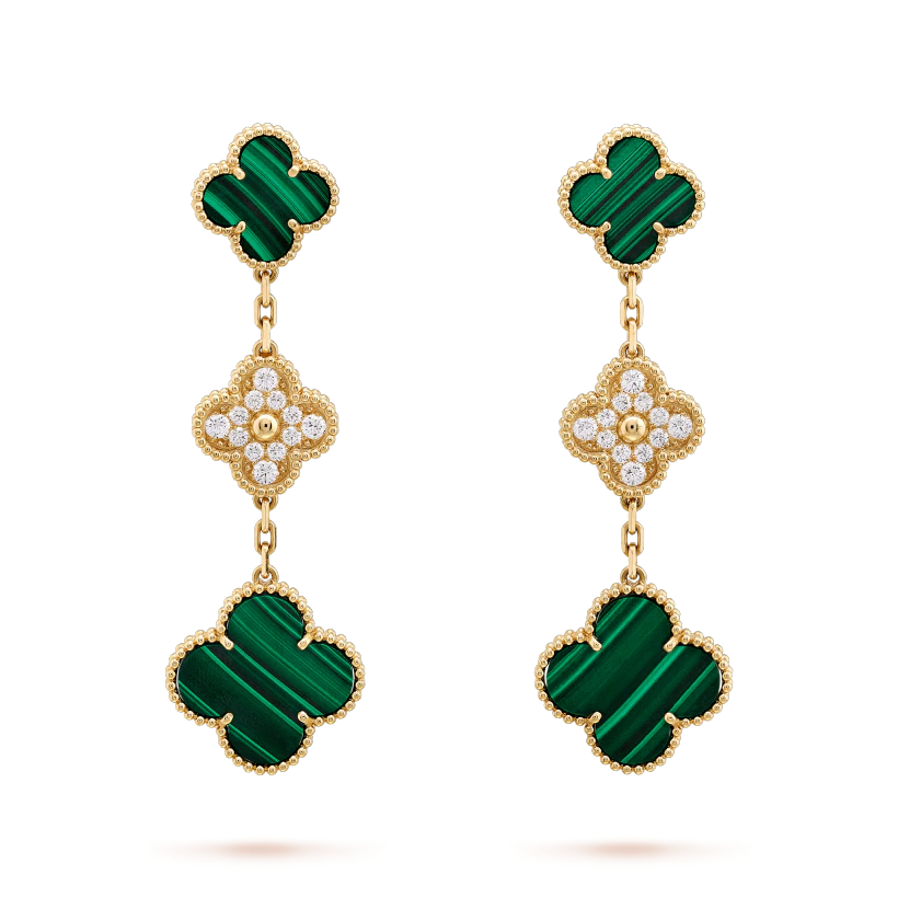 ˇGilded EraˇCLOVER EARRINGS GOLD MALACHITE DIAMOND 3 MOTIF