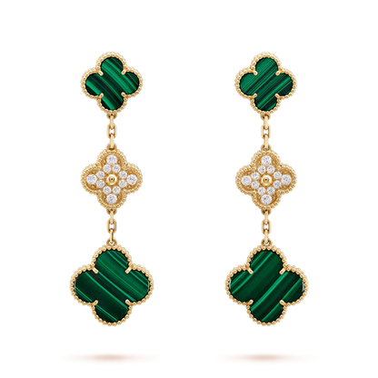 ˇGilded EraˇCLOVER EARRINGS GOLD MALACHITE DIAMOND 3 MOTIF