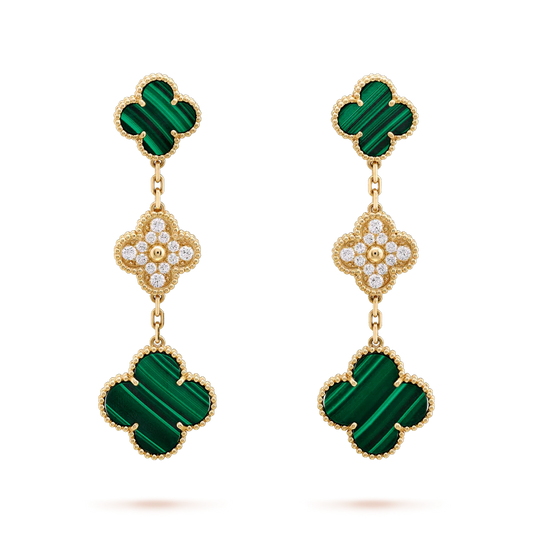 ˇGilded EraˇCLOVER EARRINGS GOLD MALACHITE DIAMOND 3 MOTIF