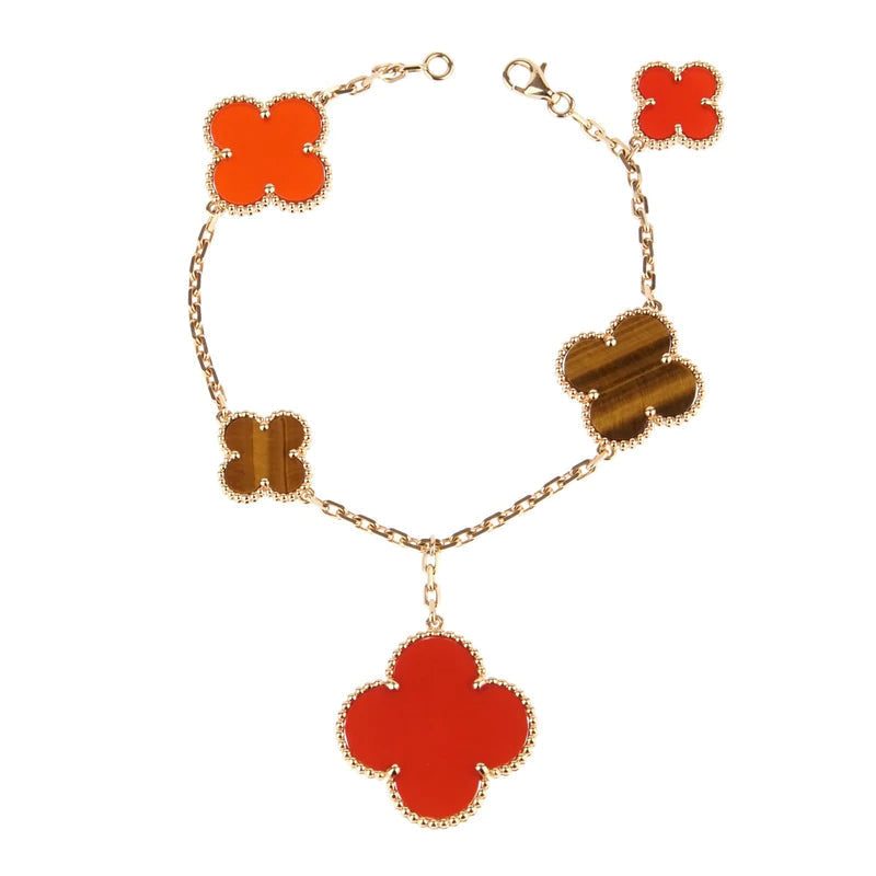 ˇGilded EraˇCLOVER BRACELET 5 MOTIFS CARNELIAN TIGER EYE