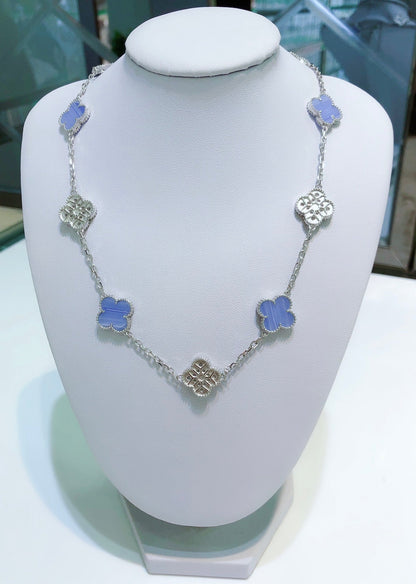 ˇGilded EraˇCLOVER 10 MOTIFS CHALCEDONY DIAMONDS SILVER NECKLACE