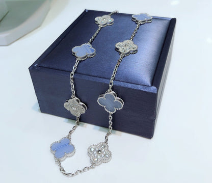 ˇGilded EraˇCLOVER 10 MOTIFS CHALCEDONY DIAMONDS SILVER NECKLACE
