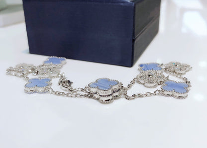 ˇGilded EraˇCLOVER 10 MOTIFS CHALCEDONY DIAMONDS SILVER NECKLACE