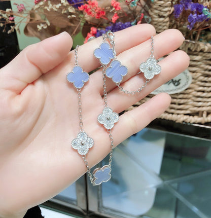 ˇGilded EraˇCLOVER 10 MOTIFS CHALCEDONY DIAMONDS SILVER NECKLACE