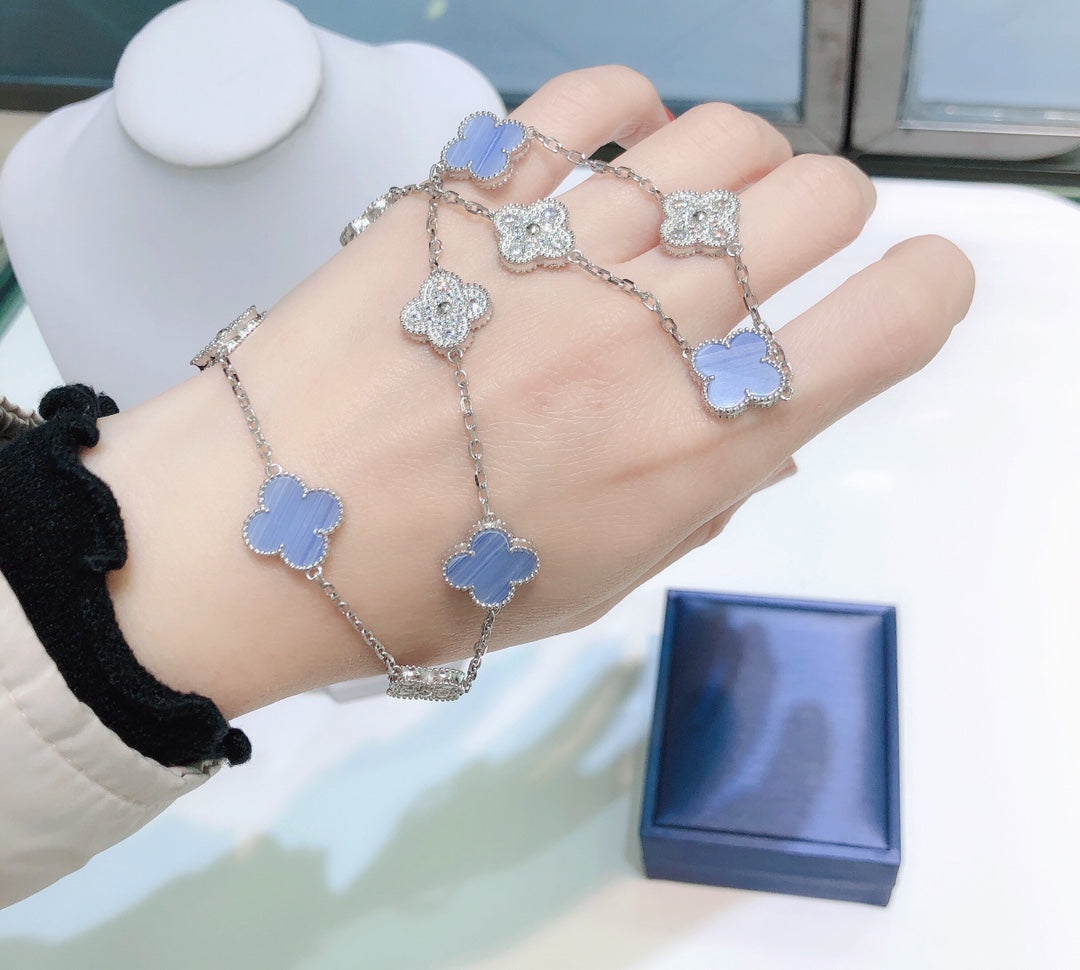 ˇGilded EraˇCLOVER 10 MOTIFS CHALCEDONY DIAMONDS SILVER NECKLACE