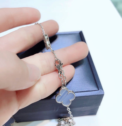 ˇGilded EraˇCLOVER 10 MOTIFS CHALCEDONY DIAMONDS SILVER NECKLACE