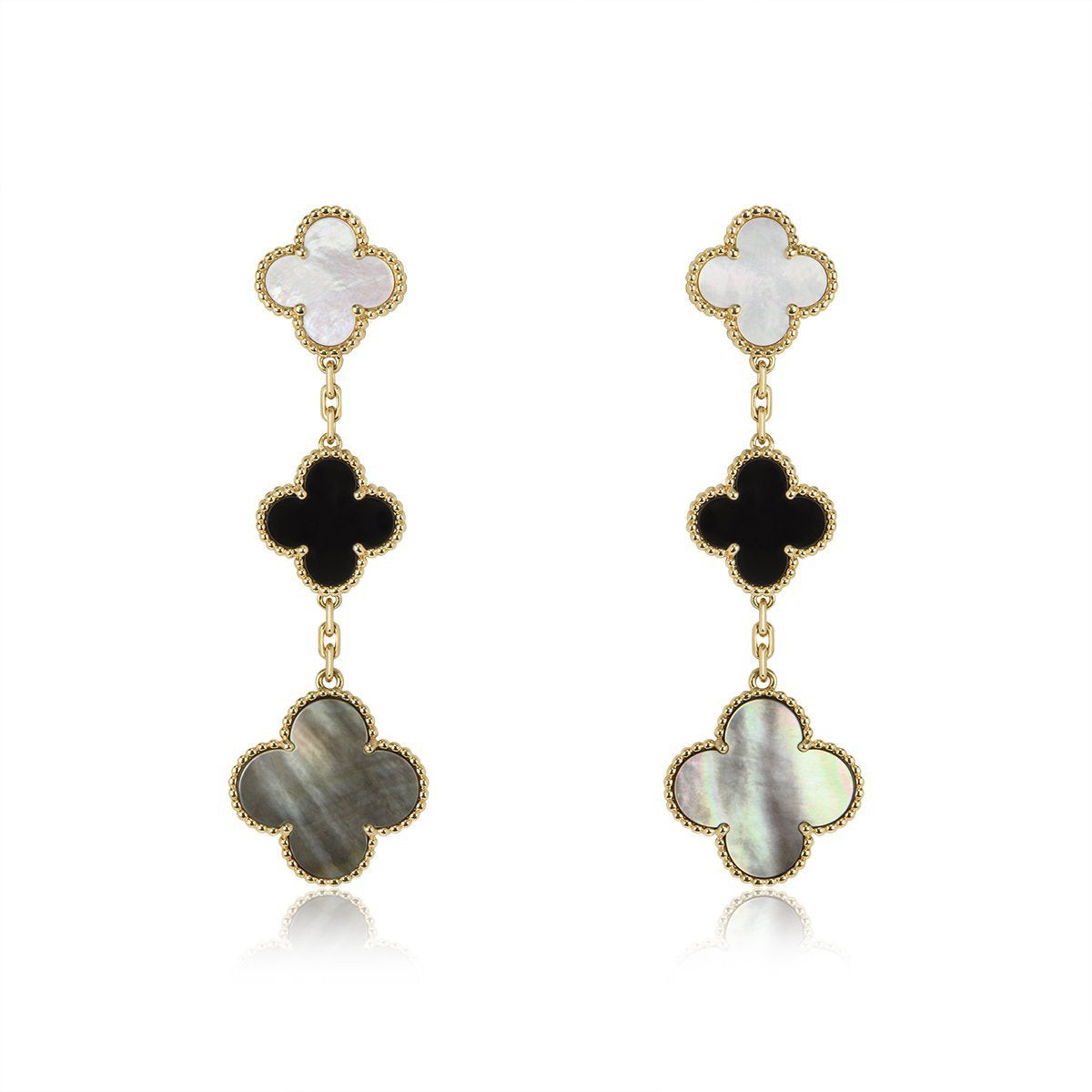 ˇGilded EraˇCLOVER EARRINGS GOLD ONYX MOP 3 MOTIF